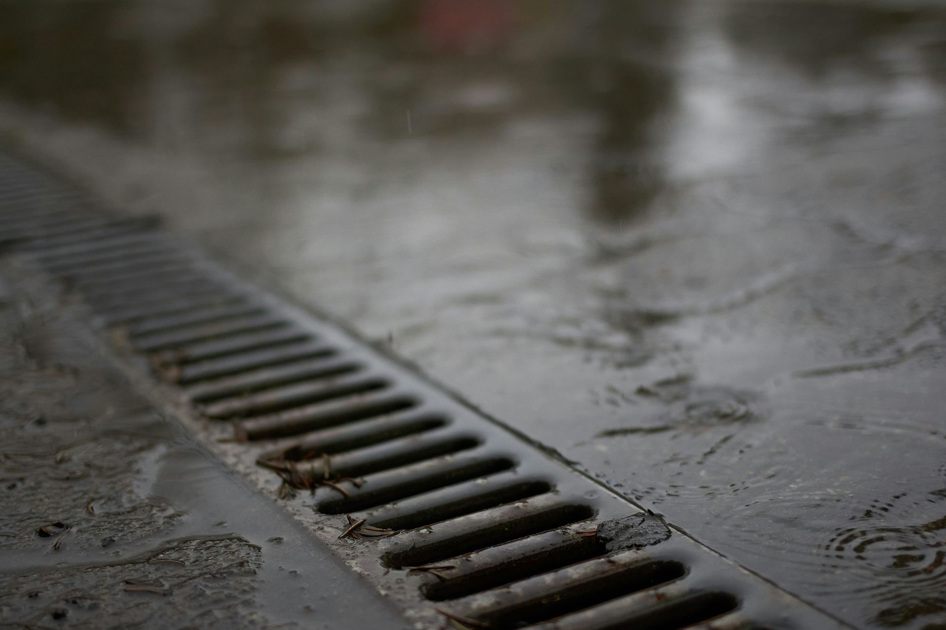 A metal drain on a wet concrete surface